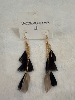 Uncommon James Black and Taupe Feather & Chain Drop Earrings